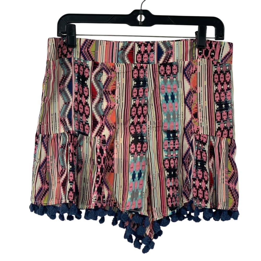 NWT Umgee Boho Aztec Print Shorts Blue/Pink Pom Pom Summer Beach Casual Size L